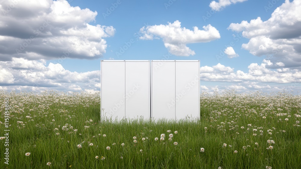 Poster a minimalist white structure stands in a grassy field under a blue sky filled with clouds, creating 