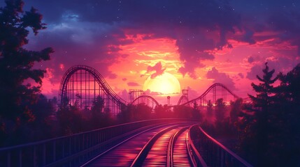 Obraz premium Vibrant vector illustration of a roller coaster in an amusement park suitable for fun and entertainment branding