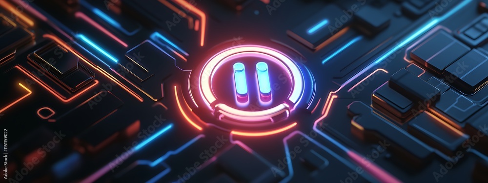 Poster neon pause button on circuit board.