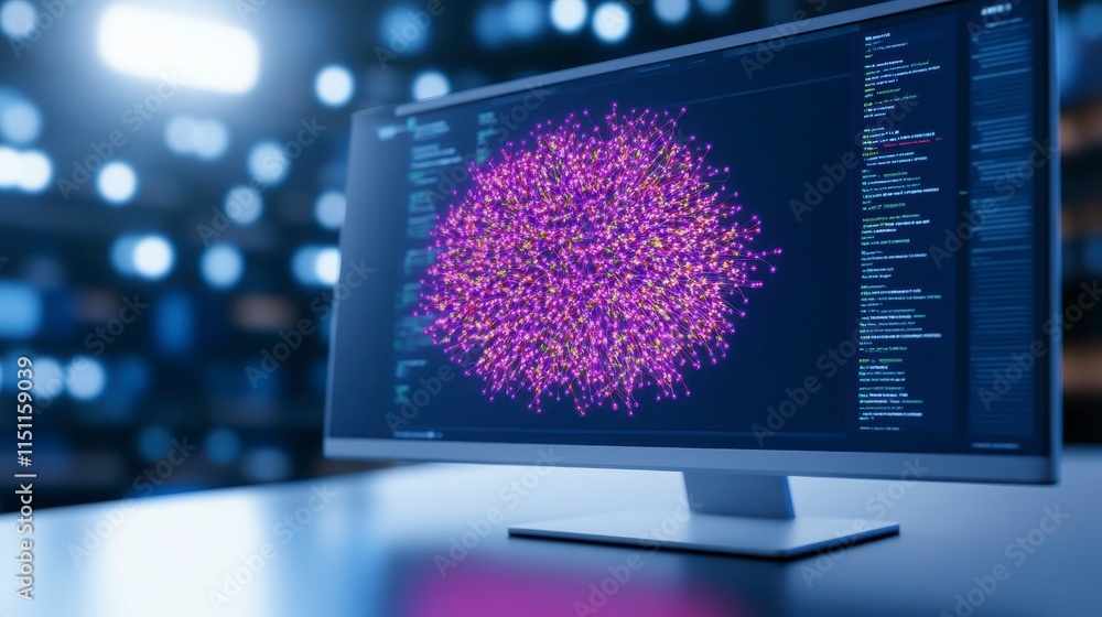 Poster a vibrant visualization displayed on a modern monitor, showcasing intricate data patterns amidst a b