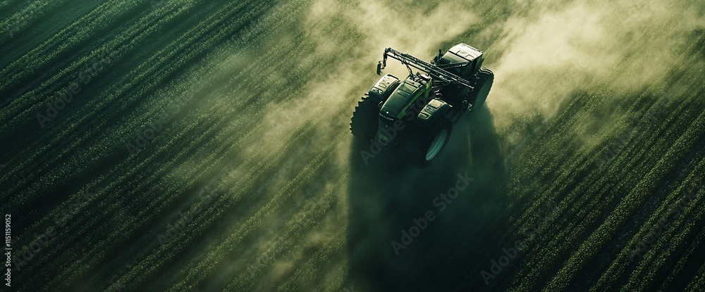Aufkleber aerial view of a tractor working in a field, creating dust clouds.