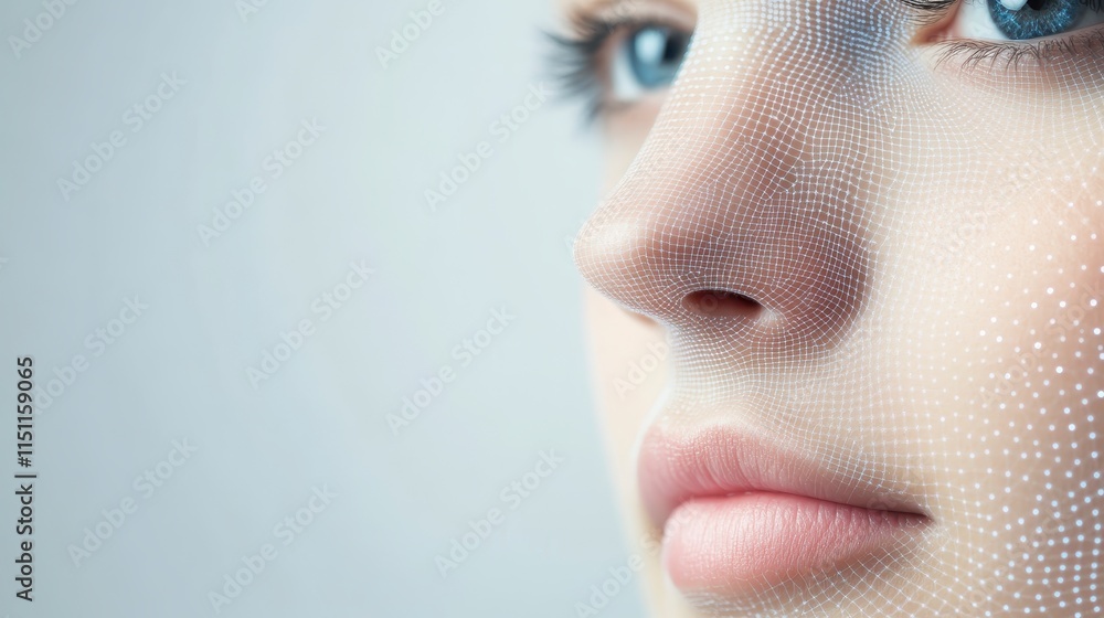 Poster a close-up of a woman's face partially covered with a mesh pattern, emphasizing her striking feature