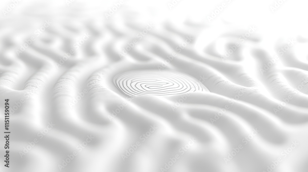 Poster a minimalist, abstract design featuring undulating white textures, focused on a central fingerprint-
