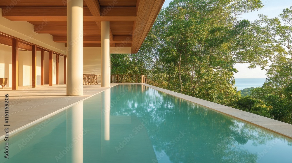 Poster serene outdoor space with infinity pool overlooking lush greenery and ocean view in modern architect