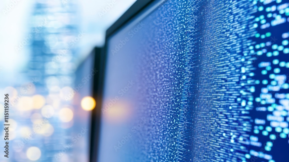 Poster a close-up of a digital screen displaying blue data patterns, creating a modern, tech-inspired atmos