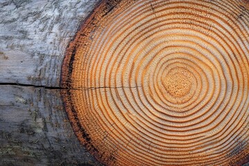 Fototapeta premium Close-up of a tree ring pattern on a wooden surface, Earth Day forest conservation, detailed natural textures. 
