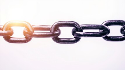 Obraz premium A close-up of a metal chain link, showcasing its strength and connection, illuminated by soft light, emphasizing texture and detail.