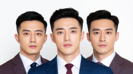 Three well-groomed men in suits pose confidently against a neutral background, showcasing modern fashion and professional styles.