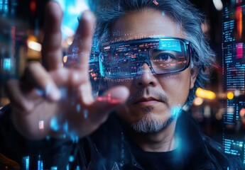 An intense portrait of a man wearing futuristic glasses, symbolizing technology's impact on everyday life.