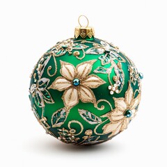Green Christmas ball with golden floral ornament isolated on white background.