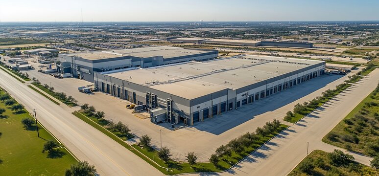 Aerial view of a large industrial warehouse complex in a suburban area.