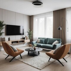 Fototapeta premium modern living room with fireplace, LCD screen, sofa set,Cozy and Modern Living Room Decor for Small Spaces | Artisanal Home Goods