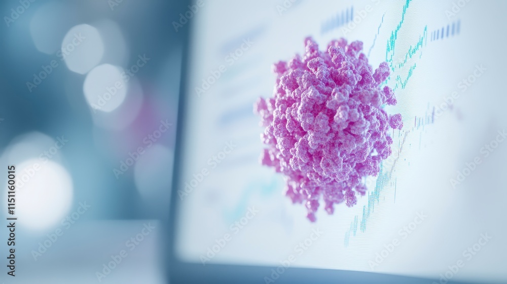 Poster a close-up of a virus graphic displayed on a screen, highlighting its structure alongside digital da