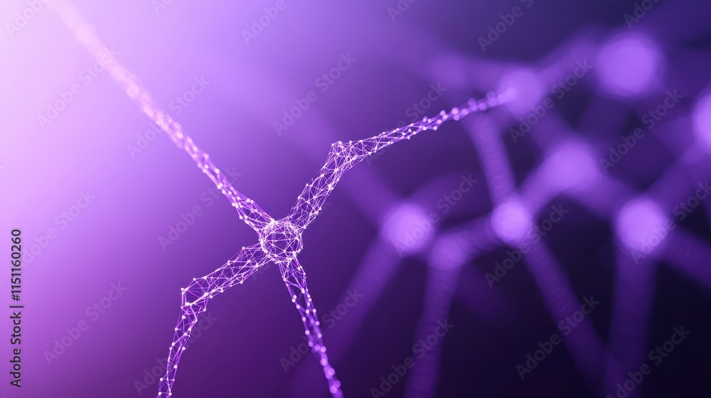 Poster a close-up view of a vibrant, purple abstract network resembling interconnected nodes and strands, s