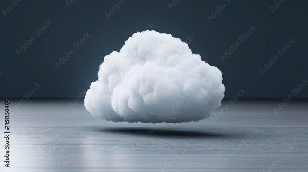 Poster a fluffy white cloud floating above a smooth surface, set against a dark background, creating a sere