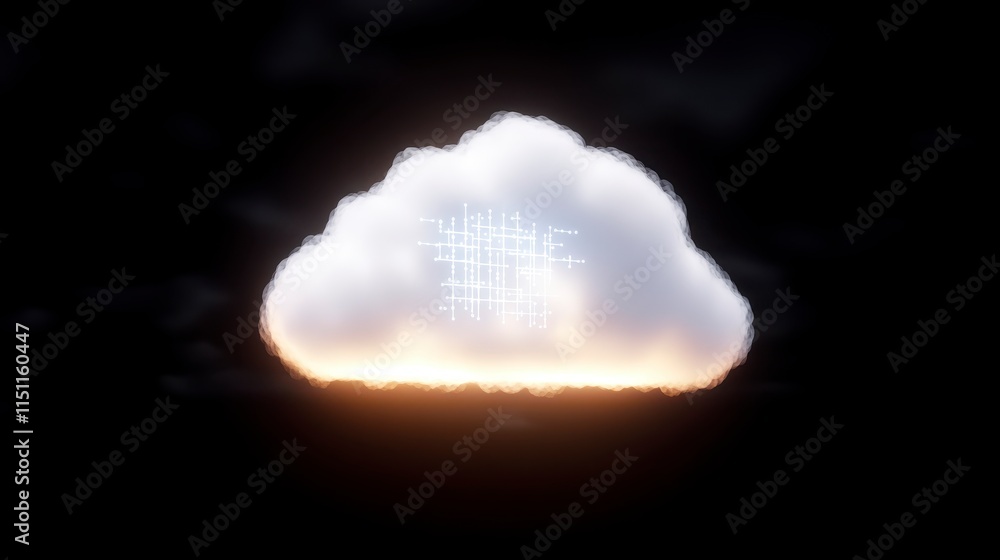 Poster a glowing cloud with a central pattern, illuminated from below, suggesting a surreal or digital effe