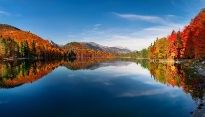 Serene Autumn Reflections: Vibrant Fall Foliage Mirrored in Still Lake