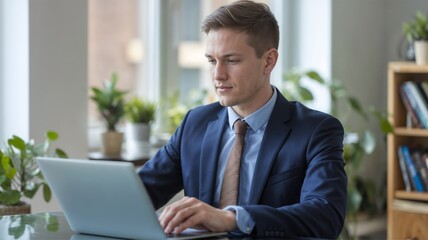 Fototapeta premium Focused young businessman working on laptop in modern office, perfect for job search and career development websites