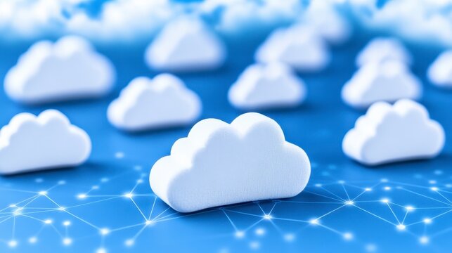 A collection of small, white cloud shapes on a blue background, symbolizing cloud computing and digital connectivity.