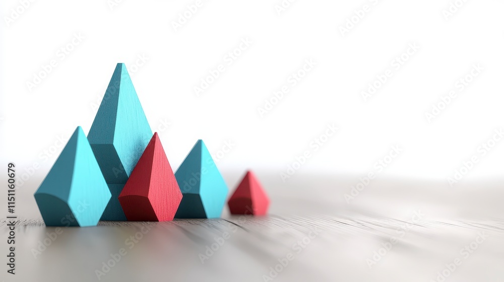 Poster colorful geometric shapes in a minimalist setting, featuring red and blue pyramids arranged on a smo