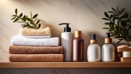 Spa-Inspired Bathroom Shelf:  Cream Towels, Botanicals & Elegant Dispensers