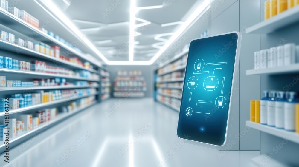 Poster smart device displaying digital interface in modern retail aisle, showcasing products and advanced t