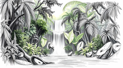 A vibrant rainforest waterfall cascading into a crystal-clear pool surrounded by lush green foliage