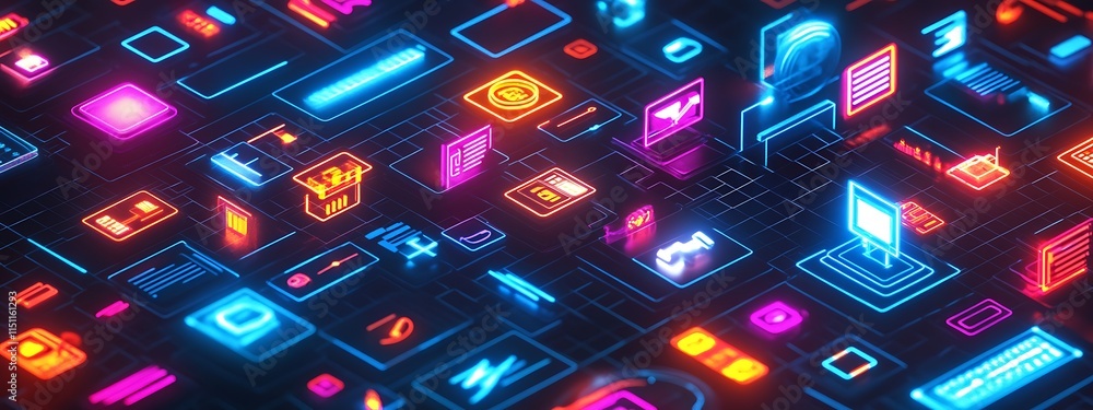 Poster neon glowing icons of apps and programs.