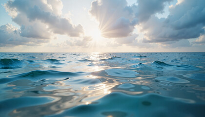 Beautiful ocean view with sun rays shining through clouds over calm water at dawn