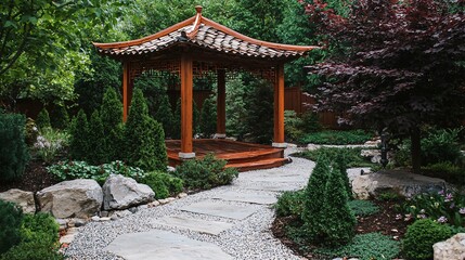Obraz premium A Chinese garden pavilion surrounded by carefully designed stone paths and ornamental plants features exquisite woodwork and an ornate roof, reflecting traditional architectural charm.