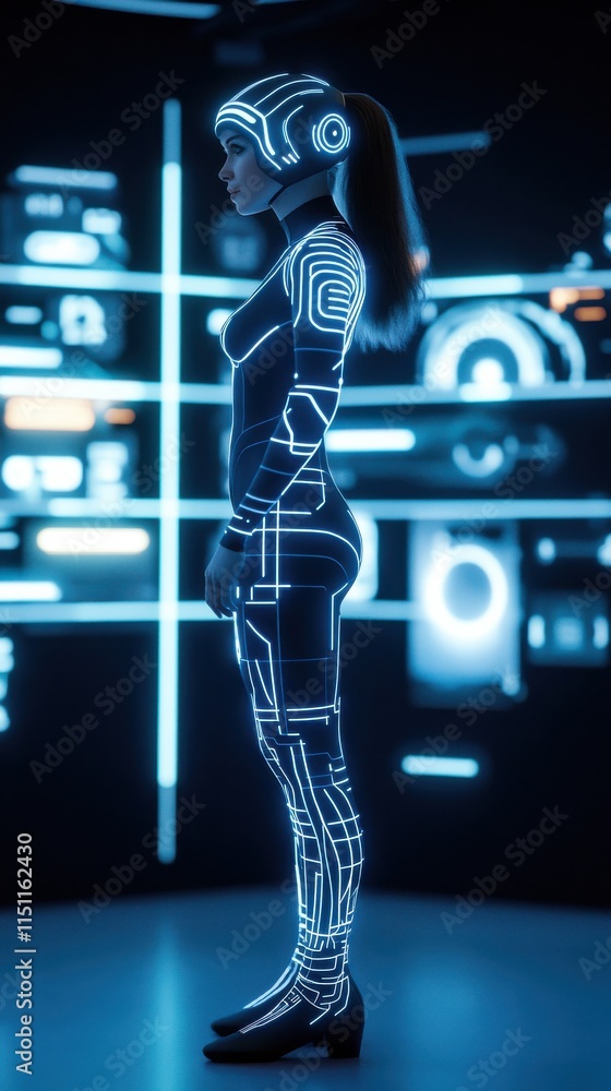 Poster futuristic female character in neon cybernetic suit with digital interface background set in sci-fi 
