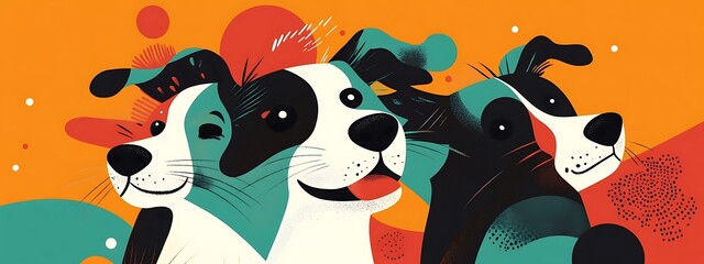Three happy dogs on an orange background.
