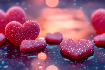 Obraz premium Red 3d heart shaped marmalade covered with dew drops lying on wet surface. Blurred delicate background. Romantic and dreamy wallpaper for Valentine's Day. Seamless pattern. Copy space.