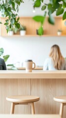 A Cozy Cafe Scene with a Minimalist Wooden Counter, Comfortable Stool, Lush Greenery, and a Cup of Coffee in Focus, Perfect for Invoking Relaxation and Serenity