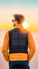 Fototapeta premium Young man wearing stylish solar-powered jacket stands against sunset backdrop, showcasing innovative fashion technology in outdoor adventure setting