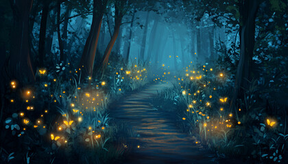 Enchanted Forest Path with Fireflies

