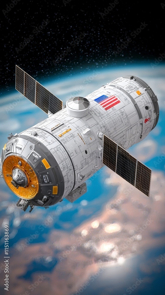 Poster futuristic space station module orbiting earth high resolution image