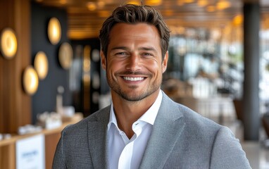 Fototapeta premium Confident businessman with a suit and a smile in a office background, He looking at the camera