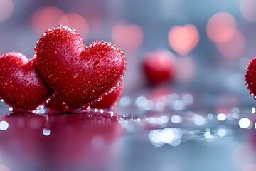 Obraz premium Close-up of 3d red hearts in drops of water on wet surface. Valentine's day background. Seamless pattern. Copy space.