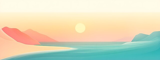 Minimalist sunset over tranquil sea and mountains.