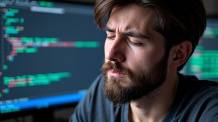Frustrated developer at computer, facing challenges in coding and debugging, embodies the perseverance and resilience required in the tech industry.
