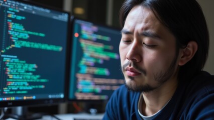Frustrated developer at computer, facing challenges in coding and debugging, embodies the perseverance and resilience required in the tech industry.