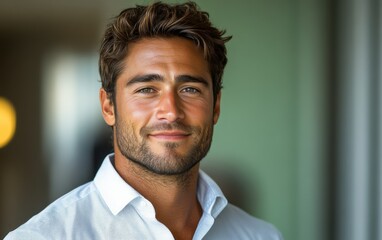 Obraz premium Confident businessman with a suit and a smile in a office background, He looking at the camera