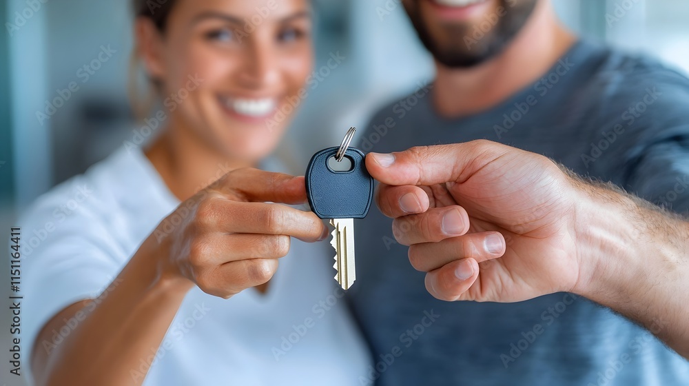 Poster close up view of a smiling couple enthusiastically receiving the house keys from a real estate agent
