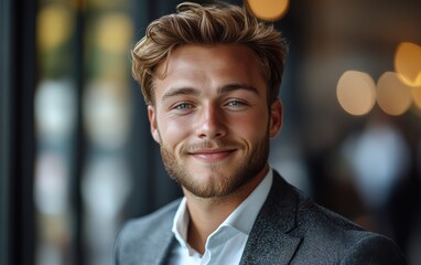 Obraz premium Confident businessman with a suit and a smile in a office background, He looking at the camera