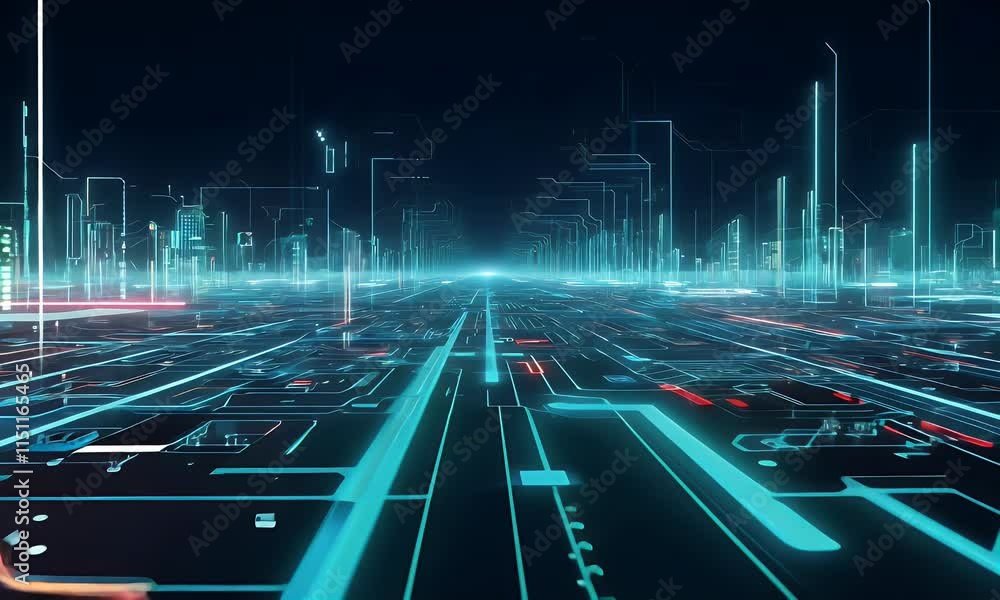 Poster a futuristic digital circuit board glowing with blue light, representing advanced technology, data f