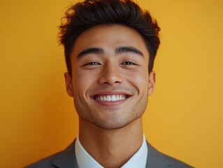 Asian man with a smile on his face is wearing a suit and a shirt in studio color background