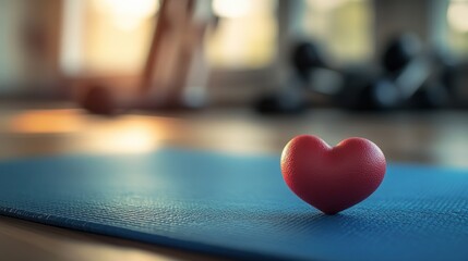 A small red heart rests gently on a yoga mat amidst gym equipment, symbolizing love for health. Banner with copyspace. Love, romance, hearts, affection, togetherness, Valentine Day celebration concept