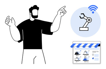 Man pointing at robotic arm, wireless symbol, and online store interface. Ideal for automation, e-commerce, smart technology, online business, innovation futuristic concepts remote control. Line
