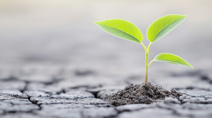 Resilience of Life: A lone seedling bravely pushes through the cracked earth, symbolizing hope, perseverance, and the indomitable spirit of life in the face of adversity.  